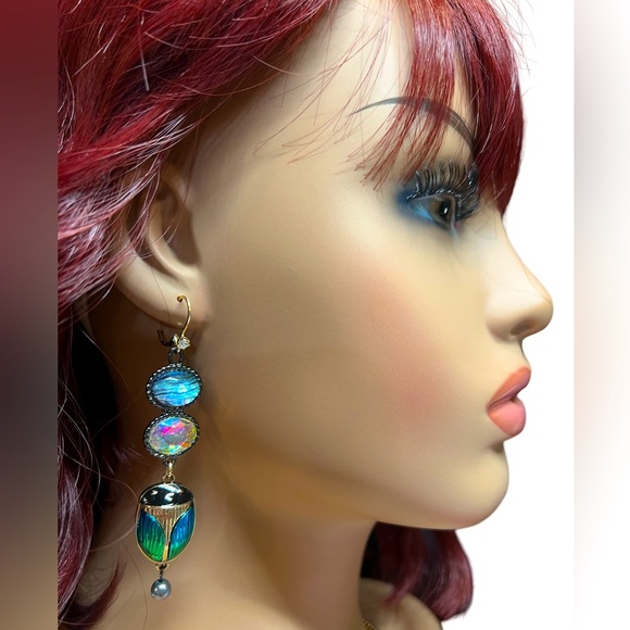 Betsey Johnson NWT Halloween Iridescent Beetle Bug Scarab Drop Earrings (J108) - Picture 2 of 6